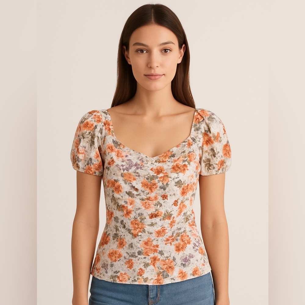 S.C. Society Floral Puff Sleeve Blouse - Orange and Lavender